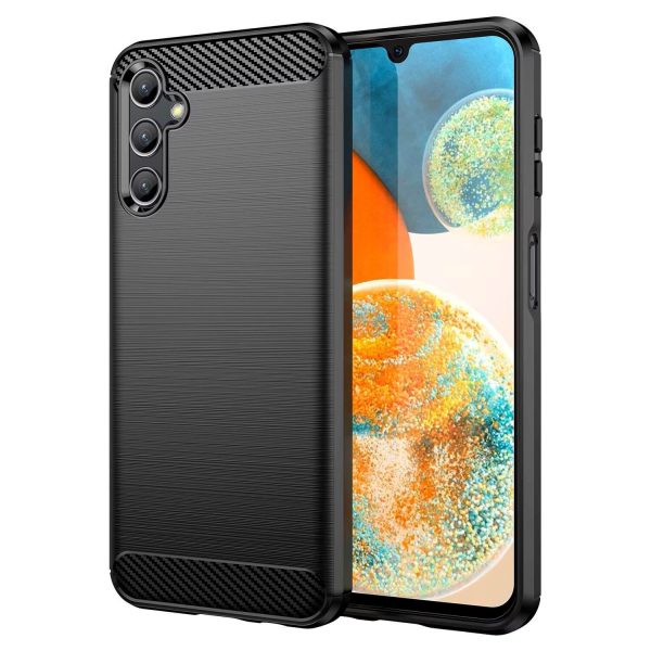 Galaxy A14 5G takakuori, musta hiilikuitukuvio