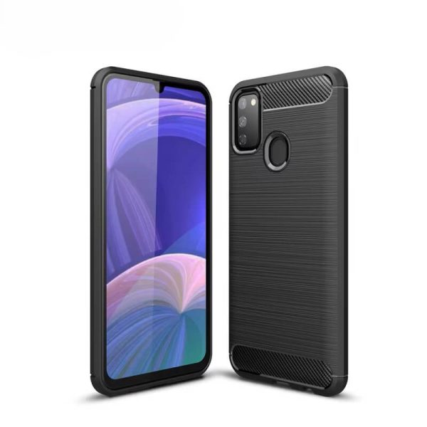 Galaxy A21s takakuori, musta hiilikuitukuvio